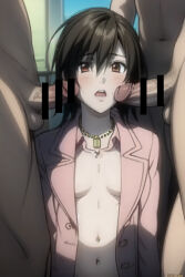 Rule 34 | 1girl, 3boys, breasts, convenient censoring, death note, group sex, multiple boys, navel, no shirt, penis, unnamed woman (death note)