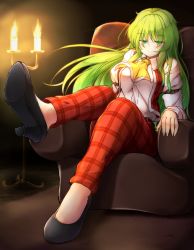 Rule 34 | 1girl, aka tawashi, ascot, black footwear, blush, breasts, candle, candlestand, commentary request, couch, fire, full body, green eyes, green hair, hair between eyes, half-closed eyes, high heels, highres, indoors, juliet sleeves, kazami yuuka, kazami yuuka (pc-98), large breasts, leg up, long hair, long sleeves, looking at viewer, pants, plaid, plaid pants, plaid skirt, puffy sleeves, red pants, red vest, shadow, shirt, shoe soles, sitting, skirt, smile, solo, touhou, touhou (pc-98), very long hair, vest, white shirt, wing collar, yellow ascot