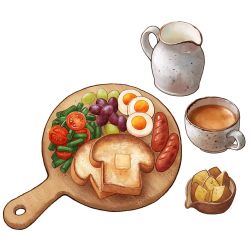 Rule 34 | abaoyaonuli, bread slice, butter, cup, egg (food), food, food focus, fruit, grapes, hardboiled egg, highres, jug (bottle), original, potato, sausage, simple background, still life, string bean, teacup, toast, tomato, tray, vegetable, white background