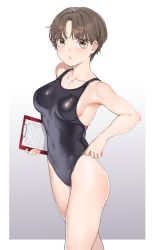 Rule 34 | 1girl, armpits, bare arms, bare shoulders, black one-piece swimsuit, breasts, brown eyes, brown hair, collarbone, competition swimsuit, covered navel, cowboy shot, fangxiang cuoluan, gradient background, highres, holding, large breasts, looking at viewer, one-piece swimsuit, original, parted bangs, short hair, solo, swimsuit, thighs