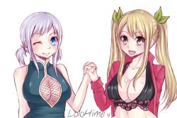 Rule 34 | 2girls, blonde hair, blue eyes, breasts, brown eyes, cleavage, fairy tail, holding hands, large breasts, lisanna strauss, looking at viewer, lucy heartfilia, multiple girls, one eye closed, short twintails, twintails, white hair, wink