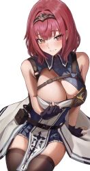 Rule 34 | 1girl, arm support, black gloves, breasts, brown thighhighs, cleavage, commentary request, cosplay, fingerless gloves, gloves, headpiece, heterochromia, highres, hololive, houshou marine, kobayashi (jna x rgh), large breasts, looking at viewer, red eyes, revision, shirogane noel, shirogane noel (1st costume), shirogane noel (cosplay), short hair, simple background, smile, solo, thighhighs, virtual youtuber, white background, yellow eyes