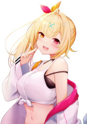 Rule 34 | 1girl, :d, ahoge, bare shoulders, blonde hair, blush, breasts, crop top, front-tie top, hair ornament, hoshikawa sara, hoshikawa sara (1st costume), jacket, long hair, long sleeves, looking at viewer, medium breasts, minato yu, nijisanji, off shoulder, open clothes, open jacket, open mouth, pink eyes, ribbon, side ponytail, simple background, smile, solo, stomach, thighhighs, track jacket, upper body, v, virtual youtuber, white background, white jacket, white ribbon, x hair ornament, yellow eyes