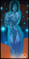 Rule 34 | 1girl, blue eyes, blue hair, blue skin, breasts, bridal gauntlets, colored skin, cortana, covering privates, covering breasts, ganassa, halo (game), halo (series), highres, hologram, legs, lips, long image, nipple slip, nipples, no pussy, nose, nude, short hair, shy, tall image, thighs