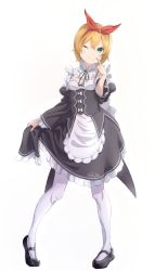 Rule 34 | 1girl, ;), apron, black footwear, black ribbon, black skirt, blonde hair, bow, breasts, cleavage, closed mouth, collar, detached collar, detached sleeves, frilled apron, frilled skirt, frills, full body, green eyes, hair bow, highres, l-phy, long skirt, long sleeves, maid, mary janes, neck ribbon, one eye closed, pantyhose, petra leyte, re:zero kara hajimeru isekai seikatsu, red bow, ribbon, ribbon-trimmed sleeves, ribbon trim, roswaal mansion maid uniform, shoes, short hair, simple background, skirt, small breasts, smile, solo, spoilers, waist apron, white apron, white background, white collar, white pantyhose, white sleeves