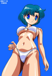 Rule 34 | 00s, 1990s (style), 1girl, 2006, bikini, bishoujo senshi sailor moon, blue background, blue eyes, blue hair, breasts, cleavage, earrings, from below, jewelry, july, large breasts, looking to the side, mizuno ami, parted lips, pirochi, short hair, swimsuit, teeth, white bikini