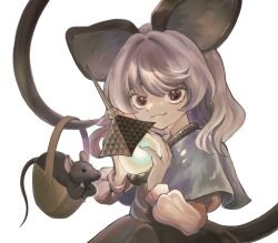 Rule 34 | 1girl, absurdres, animal, animal ears, bishamonten&#039;s pagoda, black dress, capelet, closed mouth, dress, fingernails, grey capelet, grey hair, highres, holding, long sleeves, mouse (animal), mouse ears, mouse tail, nazrin, red eyes, revision, short hair, simple background, solo, tail, touhou, umebitan, upper body, white background