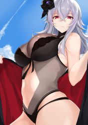 Rule 34 | 1girl, absurdres, azur lane, black one-piece swimsuit, breasts, cleavage, clothing cutout, cloud, day, flower, flower ornament, from below, frown, graf zeppelin (azur lane), graf zeppelin (beachside urd) (azur lane), hair flower, hair ornament, highres, large breasts, long hair, looking down, maruyaa (malya1006), midriff, navel, navel cutout, one-piece swimsuit, outdoors, red eyes, serious, shiny skin, silver hair, sky, solo, stomach, swimsuit, towel