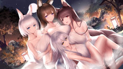 Rule 34 | 4girls, akagi (azur lane), amagi (azur lane), an yasuri, animal ear fluff, animal ears, anniversary, antenna hair, azur lane, blue eyes, breasts, brown hair, cleavage, collarbone, commentary, commentary request, dutch angle, floppy ears, fox ears, fox tail, highres, kaga (azur lane), lamp, large breasts, long hair, looking at viewer, multiple girls, multiple tails, naked towel, night, official art, onsen, open mouth, outdoors, purple eyes, red eyes, revision, silver hair, smile, star (sky), steam, tail, tosa (azur lane), towel, tree, water, wet, yellow eyes