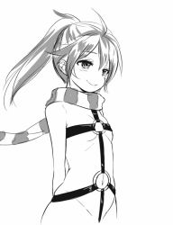 Rule 34 | 1girl, arms behind back, greyscale, monochrome, scarf, simple background, smile, solo, white background, zaxwu