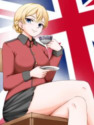 Rule 34 | 1girl, black skirt, blonde hair, blue eyes, braid, closed mouth, commentary, crossed legs, cup, darjeeling (girls und panzer), english commentary, flag background, girls und panzer, gomi ningen (81848656), highres, holding, holding cup, holding saucer, jacket, long sleeves, looking at viewer, military uniform, miniskirt, on chair, pleated skirt, red jacket, saucer, short hair, skirt, smile, solo, st. gloriana&#039;s military uniform, teacup, uniform, union jack, wooden chair