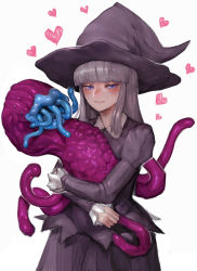 Rule 34 | blue eyes, blue lips, blunt bangs, blush, closed mouth, creature, eldritch abomination, freckles, grey hair, hat, heart, highres, holding, holding creature, hug, open mouth, original, purple headwear, simple background, sumosamo, sweat, tentacles, tongue, tongue out, white background, witch, witch hat