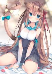 Rule 34 | 1girl, animal ears, arm warmers, blue eyes, blush, bow, breasts, brown hair, cat ears, cat tail, kneeling, long hair, looking at viewer, medium breasts, original, sailor collar, satsuki mayuri, solo, tail, tail bow, tail ornament