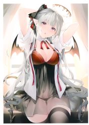 Rule 34 | 1girl, absurdres, arms behind head, arms up, babydoll, backlighting, black thighhighs, bow, breasts, choker, cleavage, collared shirt, curtains, demon girl, demon tail, demon wings, hair bow, halo, highres, large breasts, lingerie, long hair, looking at viewer, melting halo, open clothes, open shirt, original, panties, pointy ears, pubic tattoo, red panties, red ribbon, ribbon, scan, see-through, shirt, short sleeves, silver hair, solo, tail, tattoo, thighhighs, thighs, umibouzu (niito), underwear, very long hair, white shirt, window, wings