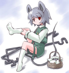 Rule 34 | 1girl, animal ears, basket, blouse, dowsing rod, dressing, feet, female focus, grey hair, jewelry, kugelschreiber, mouse (animal), mouse ears, mouse tail, nazrin, necklace, pendant, red eyes, shirt, short hair, simple background, sitting, sock pull, socks, solo, tail, touhou, white shirt, white socks