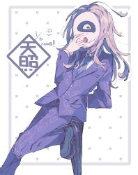 Rule 34 | 1boy, absurdres, ahoge, arm behind back, blonde hair, blue necktie, collared shirt, covered face, foot out of frame, formal, hand up, happy birthday, highres, holding, holding mask, hwr33m, jacket, long hair, long sleeves, makoto kagutsuchi, male focus, mask, master detective archives: rain code, necktie, purple jacket, shirt, shoes, smile, solo, standing, standing on one leg, suit, white shirt