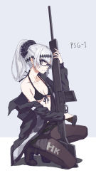Rule 34 | 1girl, ankle boots, bikini, bikini top only, black-framed eyewear, black bikini, black footwear, black jacket, boots, breasts, buckle, clothes writing, cross-laced footwear, full body, girls&#039; frontline, glasses, gun, h&amp;k psg1, hair ornament, heckler &amp; koch, highres, holding, holding gun, holding weapon, jacket, lace-up boots, looking at viewer, magazine (weapon), medium breasts, off shoulder, on one knee, open clothes, open jacket, open mouth, pantyhose, papaia (quentingqoo), ponytail, psg-1 (girls&#039; frontline), rifle, scope, scrunchie, sniper rifle, solo, squatting, strap, swimsuit, weapon