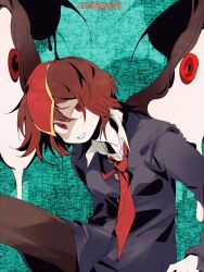 Rule 34 | 1other, androgynous, aqua background, blue jacket, brown hair, brown pants, chinese commentary, collared shirt, commentary request, headpiece, highres, jacket, kokutenshi hibaru, len&#039;en, ling s, long sleeves, necktie, no nose, other focus, pale skin, pants, red eyes, red headwear, red necktie, shirt, short hair, solo, white shirt, wings