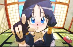Rule 34 | 1990s (style), 1girl, black hair, blue eyes, blush, dragon ball, dragonball z, female focus, indoors, long hair, looking at viewer, sky, solo, twintails, upper body, videl