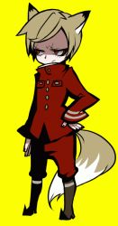 Rule 34 | 1boy, animal ears, animated, animated gif, blonde hair, boots, fox tail, full body, hand on own hip, jacket, koku-sotsu-kun, male focus, pants, pop&#039;n music, red eyes, red jacket, red pants, solo, tail, yellow background