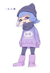 Rule 34 | 1girl, beanie, black hat, black scarf, blue hair, blue tongue, blunt bangs, boots, breath, color guide, colored tongue, fangs, full body, hat, highres, inkling, inkling (language), inkling girl, inkling player character, leggings, long sleeves, looking at viewer, medium hair, nintendo, open mouth, pantyhose, pointy ears, print shirt, puchiman, purple eyes, purple footwear, purple shirt, scarf, shirt, simple background, sleeves past wrists, smile, snow, solo, splatoon (series), splatoon 2, standing, sweater, tentacle hair, white background, winter clothes