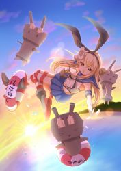 Rule 34 | &gt; &lt;, 10s, 1girl, :&lt;, anchor, blonde hair, blue eyes, boots, bow, closed eyes, elbow gloves, gggrande, gloves, gurande (g-size), hair bow, hair ornament, hairband, innertube, kantai collection, long hair, looking at viewer, ocean, outstretched arm, outstretched arms, personification, rensouhou-chan, shimakaze (kancolle), skirt, solo, striped clothes, striped thighhighs, sun, sunset, swim ring, thighhighs, underwear, water, water drop, white gloves