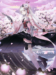 Rule 34 | 1girl, ahoge, aiming, aiming at viewer, architecture, black footwear, black skirt, boots, cecil86, cherry blossoms, cloud, day, east asian architecture, finger on trigger, floating hair, flower, full body, grey eyes, gun, hair flower, hair ornament, high heel boots, high heels, highres, holding, holding gun, holding weapon, holster, japanese clothes, kimono, leg up, long hair, looking at viewer, obi, open mouth, original, outdoors, pink flower, pink kimono, pleated skirt, sash, silver hair, skirt, sky, solo, standing, standing on one leg, thigh holster, thighhighs, very long hair, weapon, white flower, white thighhighs