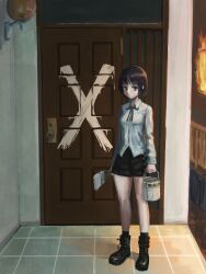 Rule 34 | 1girl, absurdres, black footwear, black shorts, boots, brown eyes, brown hair, bucket, collarbone, door, fire, full body, highres, holding, holding bucket, holding paintbrush, looking at viewer, okura lino, original, paint, paint can, paintbrush, scenery, shirt, short hair, shorts, solo, standing, white shirt