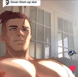 Rule 34 | 1boy, bara, bekkomi, brown hair, character request, copyright request, cover them up slut (meme), large pectorals, looking at viewer, male focus, meme, muscular, muscular male, nude, pectoral focus, pectorals, ponytail, short hair, solo, sunlight, thick eyebrows, undercut, upper body