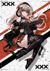 Rule 34 | 1girl, absurdres, assault rifle, black headwear, blue eyes, boots, breasts, gun, high heel boots, high heels, highres, holding, holding weapon, large breasts, light brown hair, long hair, looking at viewer, miniskirt, necktie, number tattoo, off shoulder, original, red necktie, rifle, shirt, skirt, sleeveless, sleeveless shirt, smile, solo, tattoo, thighs, tongue, tongue out, weapon, yusura xxx