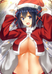 Rule 34 | 10s, 1girl, alternate costume, arms up, blue eyes, blue hair, breasts, christmas tree, cleavage, crop top, crop top overhang, covered erect nipples, ffmania7, hat, highres, isshiki (ffmania7), kantai collection, large breasts, looking at viewer, matching hair/eyes, midriff, navel, partially undressed, paw pose, santa costume, santa hat, short hair, short twintails, solo, souryuu (kancolle), stomach, twintails