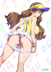 Rule 34 | 1girl, amanogawa kirara, artist name, ass, breasts, brown hair, butt crack, female focus, from behind, go! princess precure, joy ride, large breasts, long hair, looking back, partially visible vulva, precure, purple eyes, solo, sparkle, star (symbol), thong, twintails, visor cap