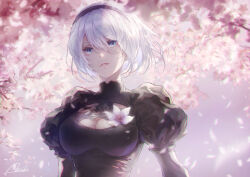 Rule 34 | 1girl, artist name, blue eyes, branch, breasts, cherry blossoms, cleavage, cleavage cutout, clothing cutout, commentary request, flower, gradient background, hairband, highres, lips, lira mist, long sleeves, lunar tear, medium breasts, mole, mole under mouth, nier:automata, nier (series), parted lips, petals, puffy sleeves, short hair, signature, simple background, turtleneck, upper body, white hair, 2b (nier:automata)
