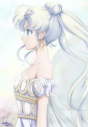 Rule 34 | 10s, 1girl, 2016, bare shoulders, bishoujo senshi sailor moon, blue eyes, collarbone, crescent, crescent facial mark, crown, dated, double bun, dress, earrings, facial mark, female focus, forehead mark, gradient background, hair bun, highres, jewelry, kem kem, long hair, neo queen serenity, profile, signature, smile, solo, strapless, strapless dress, tsukino usagi, twintails, upper body, white background, white dress, white hair, white theme