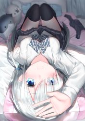 Rule 34 | 1girl, arm up, bed sheet, black skirt, black thighhighs, blue bow, blue eyes, blurry, blurry background, blush, bow, breasts, closed mouth, collared shirt, commentary request, depth of field, diagonal stripes, dress, hair over one eye, highres, jacket, knees up, long hair, long sleeves, looking at viewer, low twintails, lying, medium breasts, neku (neku draw), on back, original, pleated skirt, school uniform, serafuku, shirt, silver hair, skirt, solo, striped, striped bow, thighhighs, twintails, unworn jacket, very long hair, white shirt