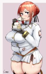 Rule 34 | 1girl, azur lane, black gloves, blush, border, breasts, cake, closed mouth, commentary request, cowboy shot, crumbs, food, food on face, fork, fruit, gloves, gold trim, hair between eyes, hair bun, highres, holding, holding plate, icing, large breasts, long sleeves, looking at viewer, miniskirt, monarch (azur lane), orange hair, outside border, plate, pleated skirt, plump, purple eyes, shigekikkusu, sidelocks, signature, simple background, single hair bun, skirt, solo, strawberry, strawberry cake, tareme, thick thighs, thighhighs, thighs, torn clothes, white border