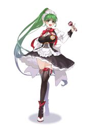 Rule 34 | 1girl, acme iku, frills, green eyes, green hair, high ponytail, highres, light blush, long hair, long sleeves, looking at viewer, maid, maid headdress, maidloid, microphone, neck ribbon, open mouth, red ribbon, ribbon, smile, thighhighs, white background