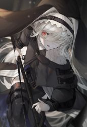 Rule 34 | 1girl, absurdres, arknights, belt, black belt, black capelet, black dress, black nails, black thighhighs, capelet, dress, hair over one eye, highres, holding, holding weapon, jin grey paladin, long hair, long sleeves, looking away, nail polish, non-web source, open mouth, puffy long sleeves, puffy sleeves, red eyes, solo, specter (arknights), thighhighs, veil, very long hair, weapon, white hair