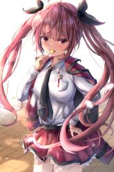 Rule 34 | 1girl, absurdres, ahoge, black necktie, black ribbon, blouse, breast pocket, candy, collared shirt, date a live, fang, food, hair ribbon, highres, holding, holding candy, holding food, itsuka kotori, jacket, jacket on shoulders, lollipop, long hair, looking at viewer, necktie, open mouth, outdoors, pink eyes, pocket, red eyes, red jacket, red skirt, ribbon, shirt, skin fang, skirt, solo, tatika714, twintails, white shirt