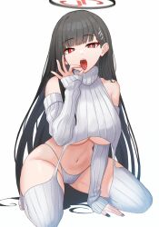 Rule 34 | 1girl, bare shoulders, black hair, blue archive, blush, breasts, bright pupils, commentary, detached sleeves, fellatio gesture, hair ornament, hairpin, halo, highres, large breasts, long hair, looking at viewer, meme attire, mijikayo, open mouth, panties, red eyes, ribbed sweater, rio (blue archive), simple background, solo, sweater, thighhighs, underboob, underwear, virgin destroyer sweater, white background, white panties, white pupils, white sleeves, white sweater, white thighhighs