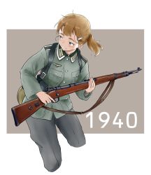 Rule 34 | 1girl, absurdres, blue eyes, bolt action, brown hair, germany, gun, hair ornament, hairclip, highres, holding, holding gun, holding weapon, mauser 98, military, military uniform, original, ponytail, rifle, shichisaburo, solo, uniform, weapon, wehrmacht, world war ii