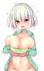 Rule 34 | 1girl, blush, bottomless, breasts squeezed together, breasts, cleavage, coat, come hither, deep skin, green jacket, heart, heart-shaped pupils, highres, huge breasts, jacket, looking at viewer, naked coat, open clothes, open jacket, open mouth, oppai loli, original, purple eyes, short hair, smile, solo, symbol-shaped pupils, watari1118, white background