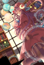 Rule 34 | 1girl, bad id, bad pixiv id, book, bookshelf, cape, coat, crescent, dress, female focus, hair ribbon, hat, library, long hair, long sleeves, looking at viewer, looking back, magic circle, mia0309, patchouli knowledge, purple eyes, purple hair, ribbon, solo, striped clothes, striped dress, touhou, tress ribbon, very long hair, wide sleeves, window