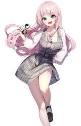 1girl bang_dream! bang_dream!_it&#039;s_mygo!!!!! belt black-framed_eyewear black_footwear blush breasts chihaya_anon commentary dress fang glasses grey_belt grey_dress grey_eyes hand_up heart heart_necklace highres holding holding_removed_eyewear jewelry knee_up knees long_hair long_sleeves looking_at_viewer mary_janes necklace open_mouth pinafore_dress pink_hair plaid_belt plaid_clothes plaid_dress ririko_(zhuoyandesailaer) shirt shoes simple_background sleeveless sleeveless_dress smile socks solo teeth thighs unworn_eyewear upper_teeth_only white_background white_shirt white_socks