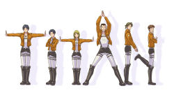 Rule 34 | 1girl, 5boys, arms up, auruo bossard, black hair, blonde hair, boots, brown hair, crossed arms, erd gin, eren yeager, gunter shulz, jacket, levi (shingeki no kyojin), multiple boys, outstretched arms, petra ral, shingeki no kyojin, short hair, simple background, smile, spread arms, standing, suspenders, thigh strap, three-dimensional maneuver gear, white background, yappo (point71)