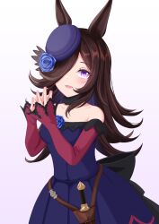 Rule 34 | 1girl, animal ears, black hair, blue dress, blue flower, blue hat, blue rose, bow, breasts, cleavage, commentary request, cowboy shot, dress, dress bow, flower, fur collar, hair over one eye, hat, hat flower, horse ears, horse girl, long hair, looking at viewer, medium breasts, off-shoulder dress, off shoulder, philo 324, purple eyes, rice shower (umamusume), rose, short dress, simple background, smile, solo, tilted headwear, umamusume, white background