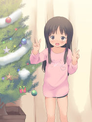 Rule 34 | 1girl, :d, absurdres, anyannko, bad id, bad pixiv id, black hair, blush, brown eyes, child, christmas, christmas tree, clothes writing, cursive, double v, english text, highres, long hair, open mouth, original, smile, solo, v