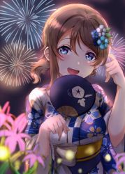 Rule 34 | 1girl, :d, alternate hairstyle, bad id, bad pixiv id, blue eyes, brown hair, fireworks, floral print, flower, grey hair, hair between eyes, hair flower, hair ornament, hairpin, hand fan, hands up, japanese clothes, kimono, looking at viewer, love live!, love live! school idol festival, love live! sunshine!!, mia (fai1510), night, obi, open mouth, paper fan, ponytail, sash, short hair, sidelocks, smile, solo, uchiwa, upper body, watanabe you, wide sleeves