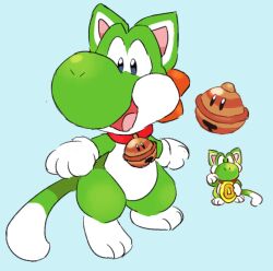 Rule 34 | animal collar, animal hands, bell, blue background, coin, collar, commentary, english commentary, gloves, highres, holding, loveycloud, maneki-neko, mario (series), neck bell, nintendo, nostrils, open mouth, paw gloves, paw pose, red collar, simple background, smile, standing, super mario 3d world, white gloves, yoshi