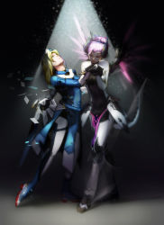 Rule 34 | 2girls, alternate costume, alternate hairstyle, armband, armor, beret, black bodysuit, blonde hair, blue bodysuit, blue eyes, bodysuit, breasts, closed eyes, closed mouth, combat medic ziegler, dancing, dark background, dark persona, demon girl, demon horns, dual persona, facial mark, faulds, female focus, forehead mark, full body, gloves, glowing, glowing wings, hat, head back, highres, holding hands, horns, imp mercy, light, light particles, lips, lipstick, long sleeves, looking at another, looking at hand, looking down, looking up, lyncis, makeup, mechanical wings, medium breasts, mercy (overwatch), multiple girls, neck, official alternate costume, overwatch, overwatch 1, pelvic curtain, ponytail, purple eyes, purple hair, purple wings, red lips, short hair, small breasts, smile, spotlight, standing, tail, white hat, wings, yuri